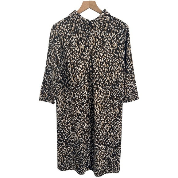 J McLaughlin Leopard Print Mock Neck Knit Shift Dress Brown Black Tan Medium - Picture 2 of 8